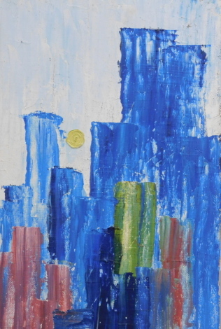 •20thC School. Manhattan skyline, oil on board, unsigned, 48cm x 32cm.