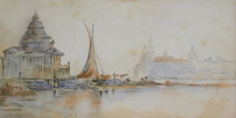 •19thC School. Venice, boats drying sails, mixed media, unsigned, 12cm x 23cm.