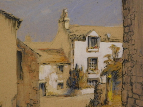 •Ronald Dixon (20thC). Cottage before mountains, mixed media, unsigned, 34cm x 41cm.