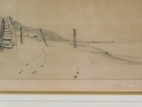 •Arthur C. Becksend (20thC). Coastal scene, artist signed etching, 15cm x 27cm. and a landscape, oil. (2)