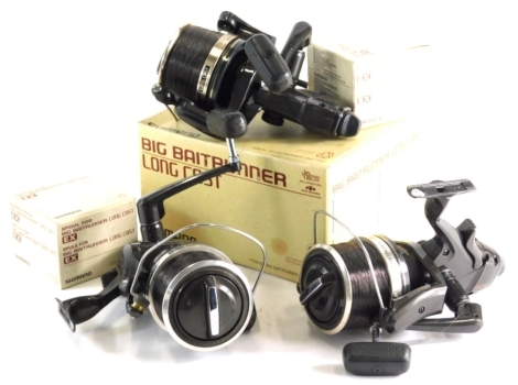 A set of three Shimano Big Bait runner long cast fixed spool reels, with one box.