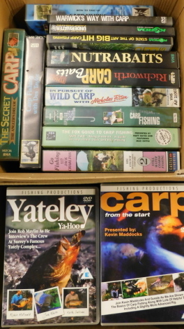 A selection of carp fishing DVDs and videos. (2 boxes)