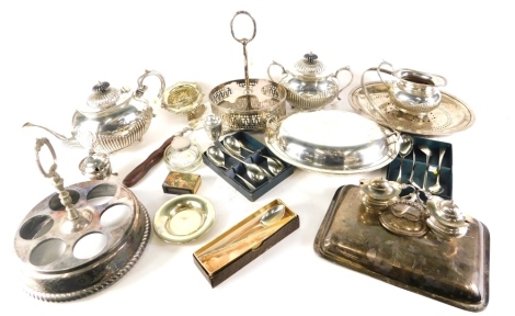 A large quantity of silver plated ware, to include three piece part fluted tea set, cutlery, part cruets, tureens, etc.