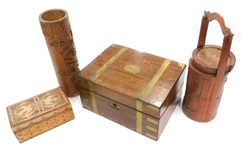 A Victorian walnut and brass bound writing box, (AF), an Oriental bamboo food container, vase, etc,