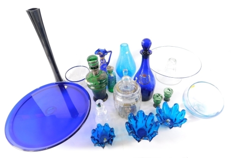 A quantity of Victorian and later coloured glass, to include Elizabeth II Bristol Blue commemorative decanter and stopper, Venetian style green glass decanter, with silvered decoration and two matching sherry glasses, Caithness bowl, two stands, etc.