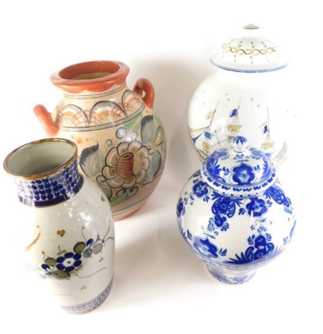 A Portuguese Viana do Castelo porcelain vase and cover, decorated with a ship, a Portuguese blue and white vase and cover, Mexican two handled pottery vase, and a Mexican stoneware vase. (4)