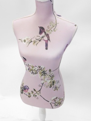 A dress maker's dummy, upholstered in purple fabric decorated with flowers and birds, on cream painted base. - 2