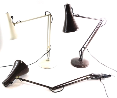 A brown Anglepoise lamp with clamp, a cream Anglepoise lamp and other. (3) Buyer Note: WARNING! This lot contains untested or unsafe electrical items. It is supplied for scrap or reconditioning only. TRADE ONLY