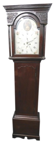 Mason, Kendal. An early 19thC longcase clock, the arched dial painted with a lady with a book, above floral spandrels, with eight day, four pillar movement, in mahogany case with bracket feet, 208cm high.