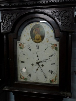 Mason, Kendal. An early 19thC longcase clock, the arched dial painted with a lady with a book, above floral spandrels, with eight day, four pillar movement, in mahogany case with bracket feet, 208cm high. - 2