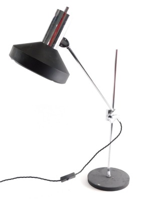 A 1970's black and metal and chrome plated adjustable table lamp, in the manner of PROVA.