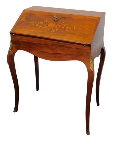 A late 19thC French rosewood and marquetry bonheur du jour, the shaped fall enclosing a fitted interior above a frieze flanked by gilt metal mounts on cabriole legs, 89cm high, 72cm wide.