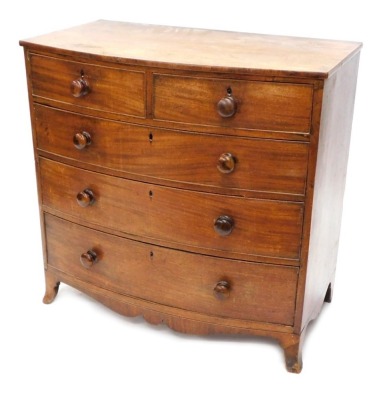 A 19thC mahogany bow front chest, of two short and three long cock beaded drawers, with knob handles, on splayed feet, 92cm high, 93cm wide, 48cm deep.