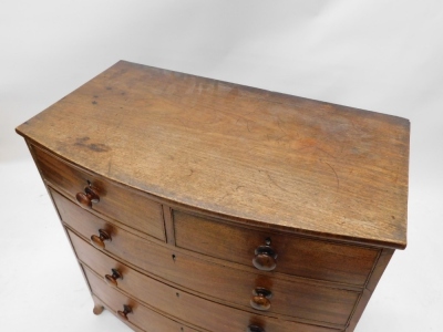 A 19thC mahogany bow front chest, of two short and three long cock beaded drawers, with knob handles, on splayed feet, 92cm high, 93cm wide, 48cm deep. - 2