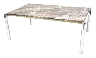 A retro chrome plated marble top coffee table, on cylindrical legs, 42cm high, 110cm wide, 81cm deep.