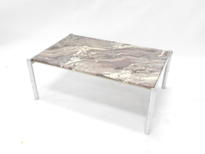 A retro chrome plated marble top coffee table, on cylindrical legs, 42cm high, 110cm wide, 81cm deep. - 2