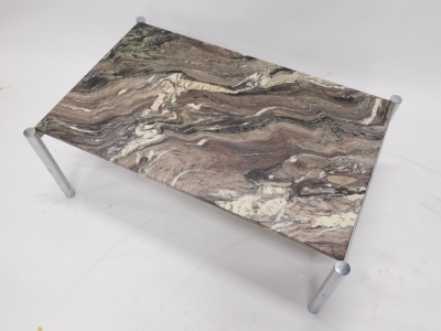 A retro chrome plated marble top coffee table, on cylindrical legs, 42cm high, 110cm wide, 81cm deep. - 3