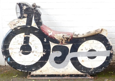 A fairground ride wooden motorcycle, marked OLU.8, painted in white and black, on metal framed base with metal handles, various coloured leather studded seat, 94cm high, 112cm wide, 40cm deep. (AF) - 2