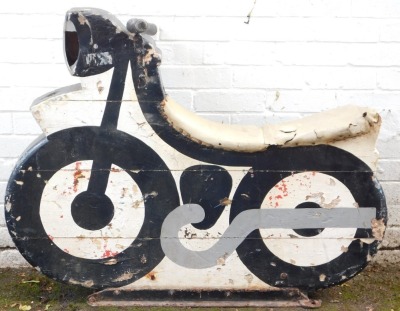 A fairground ride wooden motorcycle, painted in white and black, on metal framed base with metal handles, various coloured leather studded seat, 94cm high, 112cm wide, 40cm deep. (AF) - 2