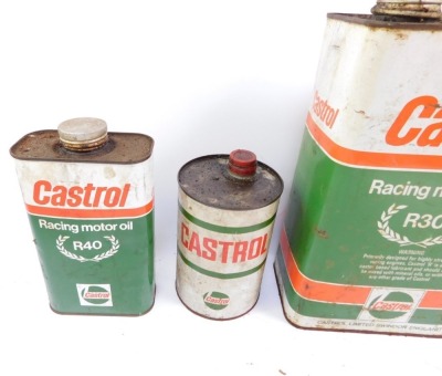 Five Castrol Racing motor oil canisters, comprising three large rectangular canisters, 30cm high, a smaller example, 18cm high, and a cylindrical example, 15cm high. (5) - 2