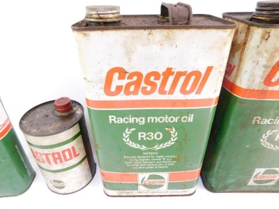 Five Castrol Racing motor oil canisters, comprising three large rectangular canisters, 30cm high, a smaller example, 18cm high, and a cylindrical example, 15cm high. (5) - 3