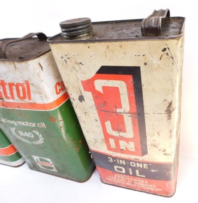 Five Castrol Racing motor oil canisters, comprising three large rectangular canisters, 30cm high, a smaller example, 18cm high, and a cylindrical example, 15cm high. (5) - 5