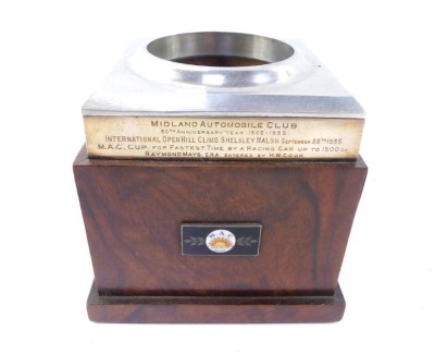 A Midland Automobile Club presentation base for goblet, the stainless steel top with plaque stamped Midland Automobile Club 30th Anniversary Year 1905-1935 International Open Hill Climb, Shelsley Walsh September 28th 1935, M.A.C Cup for Fastest Time by Ra