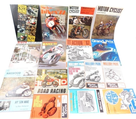 A group of motorcycle racing magazines, Mallory Park 25th May 1969 programme, 15th June 1969, 21st September 1969, 22nd September 1968, 20th September 1970, 19th September 1971, a Motorcycle News yearbook Road Racing guide for 1964, a Motorbikes Magazine 