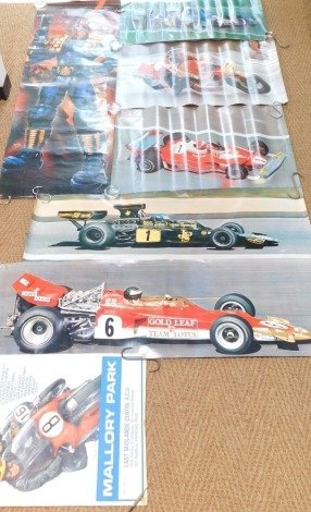 Automobile & TT related posters, to include Post TT International Motorcycle Races poster, with artwork by Michael Turner, Mallory Park, Nikki Lauda's Ferrari, Lotus Ford 72 French GP 1970, etc. (a quantity)