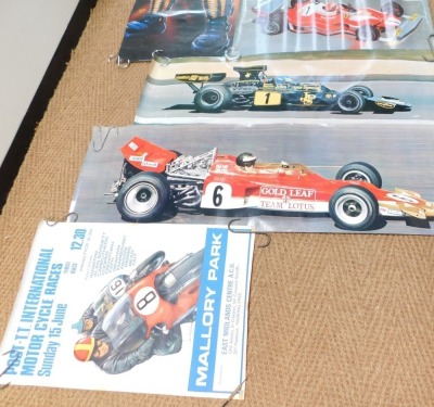 Automobile & TT related posters, to include Post TT International Motorcycle Races poster, with artwork by Michael Turner, Mallory Park, Nikki Lauda's Ferrari, Lotus Ford 72 French GP 1970, etc. (a quantity) - 2