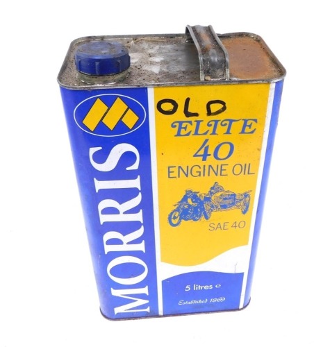 An empty Morris Elite 40 engine oil can, five litre can, 29cm high.