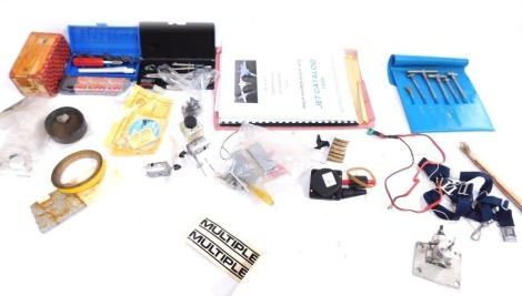 A group of automobile parts, Draper die sets, hobby knife set, battery packs, liquid poly, etc. (1 box)