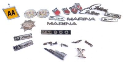 A group of motorcycle badges, AA, BSA, Fiat 1300, Super badges, Mini A50, etc. (a quantity)