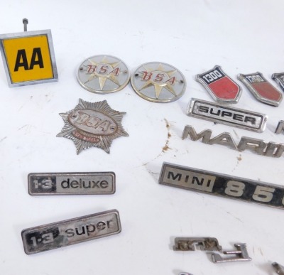 A group of motorcycle badges, AA, BSA, Fiat 1300, Super badges, Mini A50, etc. (a quantity) - 2