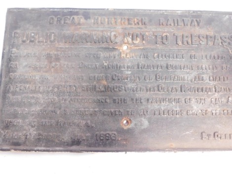 A metal railway sign, Great Northern Railway Do Not Trespass, 42cm x 70cm.