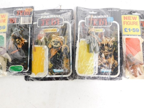 Various Star Wars Kenner Return of the Jedi figures, to include Hans Solo in trench coat, Teebo, Wicket W Warwick, Warok ewok, Romba/ Lumat Ewok, with part card backings. (a quantity)