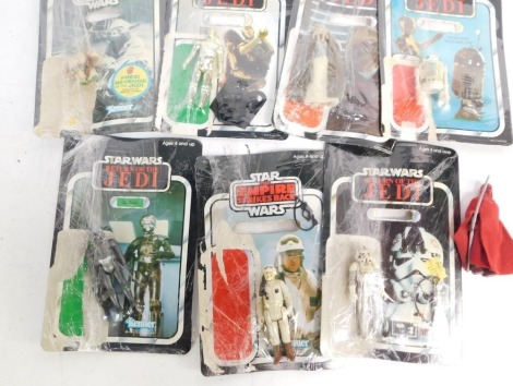 Various Star Wars Kenner and other Return Of The Jedi figures, to include Squid Head, emperor Roal Giard, R2D2, C3PO, Yoda, Zukuss, Lando Calrissian, Hans Solo in Hoth outfit, Rebel Commander and AT-AT driver, with part card backings. (a quantity)