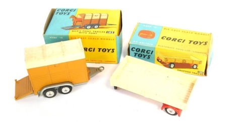 A Corgi Toys drop side trailer no. 100, and a Rice's pony trailer. (2, pony lacking)