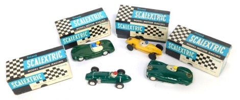 Various Scalextric model motor racing vehicles, BRM, Lister Jaguar, Aston Martin and D type Jaguar. (4, boxed)