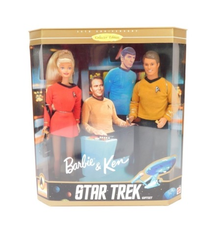 A Mattel Star Trek 30th Anniversary gift set, including Barbie and Ken in Starfleet uniforms, with accessories, boxed.