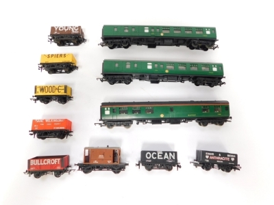 Hornby and other rolling stock, including seven plank wagons, brake van, R626 BR composite coach, etc. (1 tray) - 2