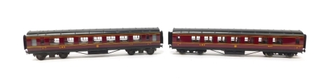 Two Exley OO gauge coaches, comprising LMS Side Co First Class, full bogie and LMS corridor full brake bogie (2)