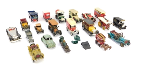 Play worn die cast vehicles, including a Matchbox 1930s Ford Model A, Fowler steam wagon 1927, a 1912 Ford Model T, 1904 Spiker, etc, unboxed. (2 trays)