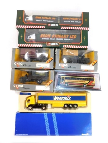 Boxed Corgi die cast, including 59504 Eddie Stobart Volvo curtain side trailer, 59516 Volvo short wheel base with close couple trailer Eddie Stobart, 595518 Weetabix Volvo articulated lorry, C827 1929 LMS Express Train Services, Thornycroft van, etc. (1 t