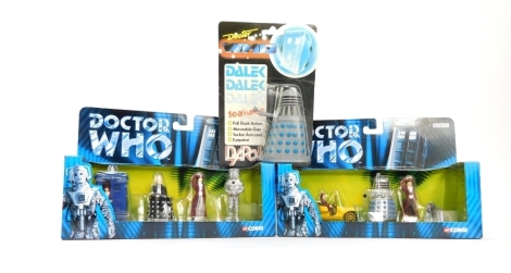 Dapol and Corgi Doctor Who figure sets, comprising TY96202 Tardis, Davros, Doctor Who and Cyberman, and TY96201 Bessie, Doctor Who, Dalek, K9, and a Dapol Dalek. (3)