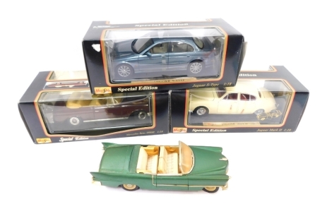 Maisto and Soledo die cast vehicles, 1:18 scale, a Mercedes Benz 280SE, Jaguar MkII, Jaguar S Type, boxed and an unboxed Cadillac Eldorado. (4)