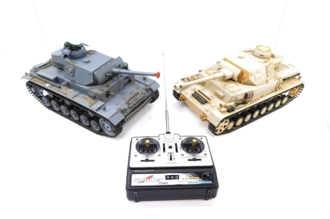 Henglong RC Battle Tanks, 1:18 scale, comprising Mk1 German Tiger and another, with one controller. (3)