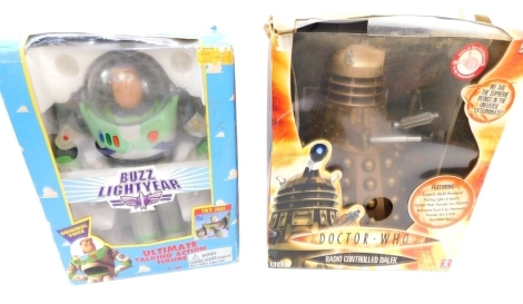 A Toy Story Buzz Lightyear Ultimate talking action figure, boxed, and a Dr Who radio controlled Dalek. (2)