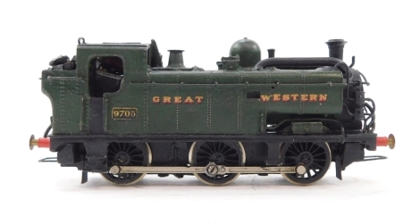 A kit built OO gauge Collett Class 57XX Pannier Tank locomotive, GWR green livery, 0-6-0PT, 9705, with associated box.