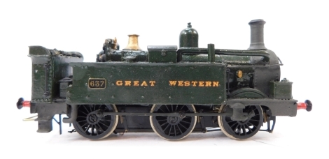 A kit built OO gauge Pannier Tank locomotive, GWR green livery, 0-6-0, 637, with associated box.